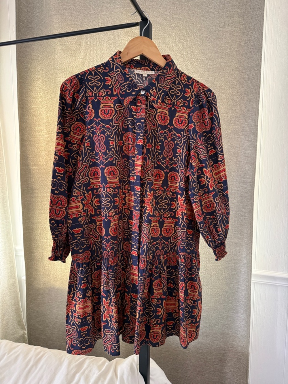 Woven Navy and Rust Patterned Shirt Dress
